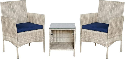 BTEXPERT Outdoor Wicker Conversation 3 Piece Bistro Set Garden Patio Yard Porch Furniture Space Saving Pe Rattan 2 Chairs Cushions Side Storage Glass Table Stone Gray/Navy Blue 3pc - LeafyLoom