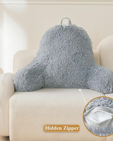 XeGe Faux Fur Reading Pillow Cover (No Filler), Fluffy Back Rest Pillow Case for Bed Sitting Up, Adults Kids Gaming Shaggy Sit Up Back Support Pillow Cover with Arms Couch Chair Office, Light Grey - LeafyLoom