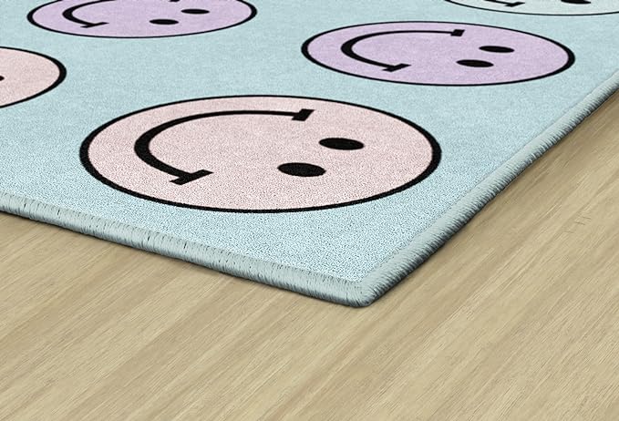 Flagship Carpets Schoolgirl Style Pastel Rainbow Smileys Criss-Cross Applesauce Educational Area Rug for Kids Room, Children's Classroom for Teaching and Playroom, 7'6" x 12', Multi, Seats 28 - LeafyLoom