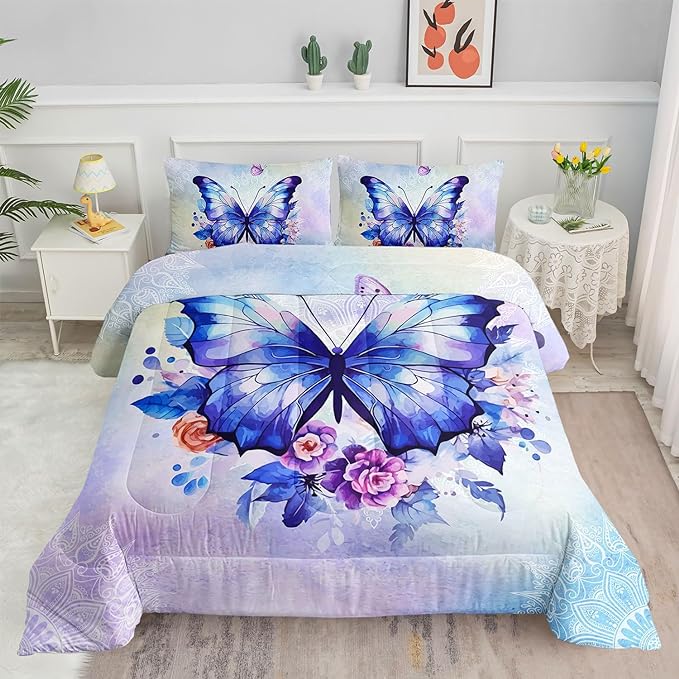 Datura home Kids Comforter Set Butterfly Printed Pattern Bedding Set with 1 Comforter and 2 Pillowcases for Girls Boys Bedroom All Season(Butterfly3 Twin) - LeafyLoom