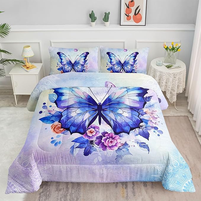 Datura home Kids Comforter Set Butterfly Printed Pattern Bedding Set with 1 Comforter and 2 Pillowcases for Girls Boys Bedroom All Season(Butterfly3 Queen) - LeafyLoom