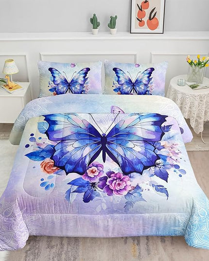 Datura home Kids Comforter Set Butterfly Printed Pattern Bedding Set with 1 Comforter and 2 Pillowcases for Girls Boys Bedroom All Season(Butterfly3 Full) - LeafyLoom