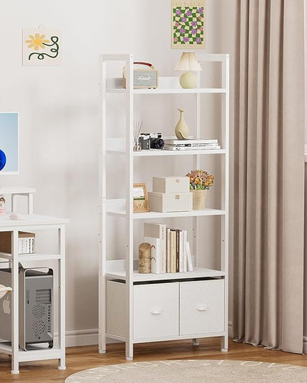 Furologee 5 Tier Bookshelf with Drawers, White Tall Bookcase with Shelves, Wood and Metal Book Shelf Storage Organizer, Modern Display Free Standing Shelf Unit for Bedroom, Living Room, Office - LeafyLoom