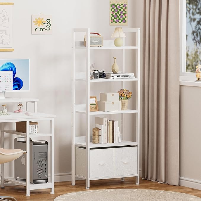 Furologee 5 Tier Bookshelf with Drawers, White Tall Bookcase with Shelves, Wood and Metal Book Shelf Storage Organizer, Modern Display Free Standing Shelf Unit for Bedroom, Living Room, Office - LeafyLoom