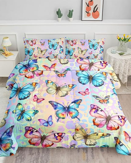 Datura home Kids Comforter Set Butterfly Printed Pattern Bedding Set with 1 Comforter and 2 Pillowcases for Girls Boys Bedroom All Season(Butterfly0 Twin) - LeafyLoom