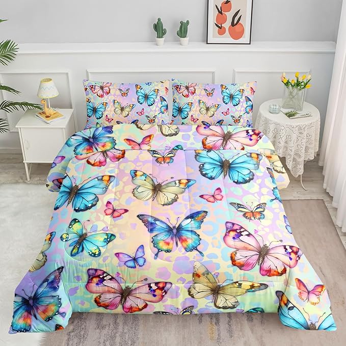 Datura home Kids Comforter Set Butterfly Printed Pattern Bedding Set with 1 Comforter and 2 Pillowcases for Girls Boys Bedroom All Season(Butterfly0 Queen) - LeafyLoom