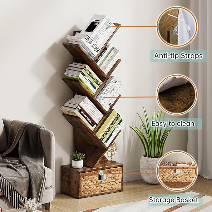 Vagusicc 6 Tier Tree Bookshelf, Modern Floor Standing Bookcase with Storage Drawer, Tall Wood Book Storage Rack for CDs/Books, Utility Book Organizer Shelves for Bedroom/Living Room/Home Office/Corner - LeafyLoom