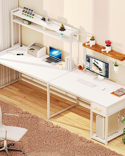 L Shaped Gaming Desk, Reversible L Shaped Computer Desk with Drawers, Led Lights & Power Outlets for Home Office White - LeafyLoom