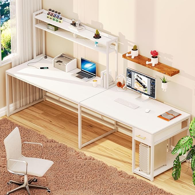 L Shaped Gaming Desk, Reversible L Shaped Computer Desk with Drawers, Led Lights & Power Outlets for Home Office White - LeafyLoom