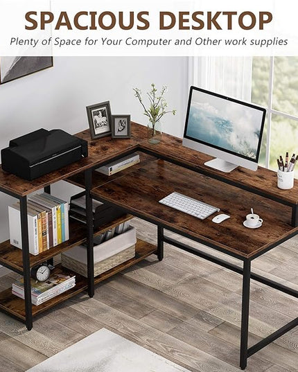 Reversible L Shaped Computer Desk with Storage Shelf, Industrial Corner Desk with Monitor Stand for Home Office - LeafyLoom