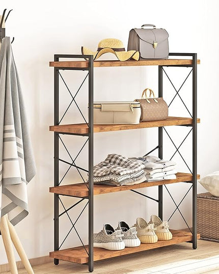 HCHQHS Bookshelf, 4-Tier Industrial Bookcase, Rustic Open Book Shelf, Freestanding Tall Bookshelves with Metal Frame - LeafyLoom