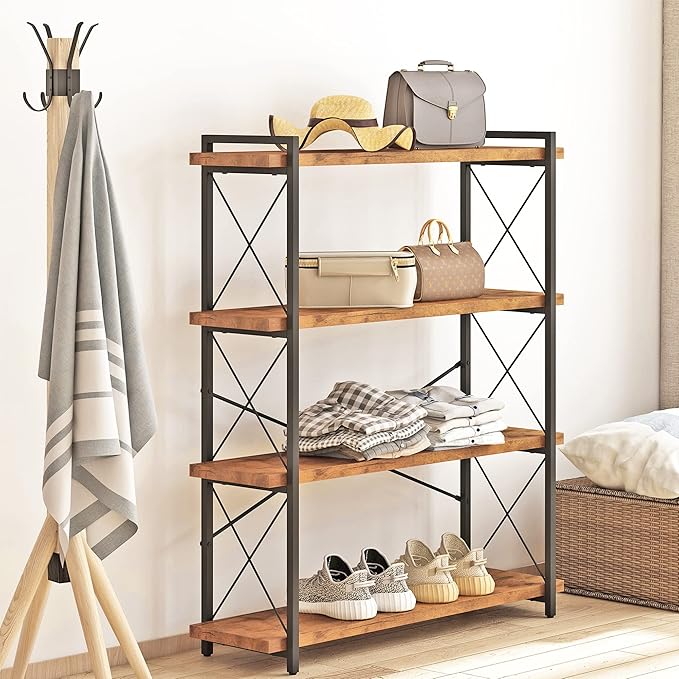 HCHQHS Bookshelf, 4-Tier Industrial Bookcase, Rustic Open Book Shelf, Freestanding Tall Bookshelves with Metal Frame - LeafyLoom