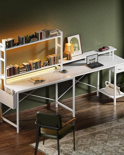 L Shaped Desk Gaming Desk with LED Lights & Power Outlets, Computer Desk with Storage Shelves, Corner Desk Home Office Desks for Bedroom, White - LeafyLoom