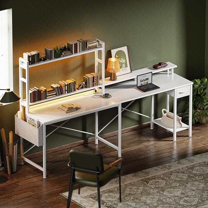 L Shaped Desk Gaming Desk with LED Lights & Power Outlets, Computer Desk with Storage Shelves, Corner Desk Home Office Desks for Bedroom, White - LeafyLoom