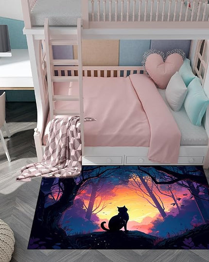 Magic Black Cat Rug - Moon Cat Rug for Girls Room Forestscape Cat Area Rug Black Cat Door Mat Colorful Rug with Black Cat Pattern, 3x4 Feet - LeafyLoom