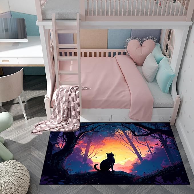 Magic Black Cat Rug - Moon Cat Rug for Girls Room Forestscape Cat Area Rug Black Cat Door Mat Colorful Rug with Black Cat Pattern, 3x4 Feet - LeafyLoom