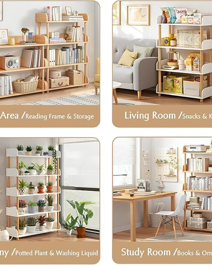 4-Tier Wooden Open Bookcase - Modern Display Bookshelf with Top Edge and Solid Wood Frame for Home and Office, Storage Cabinet, Oak - LeafyLoom