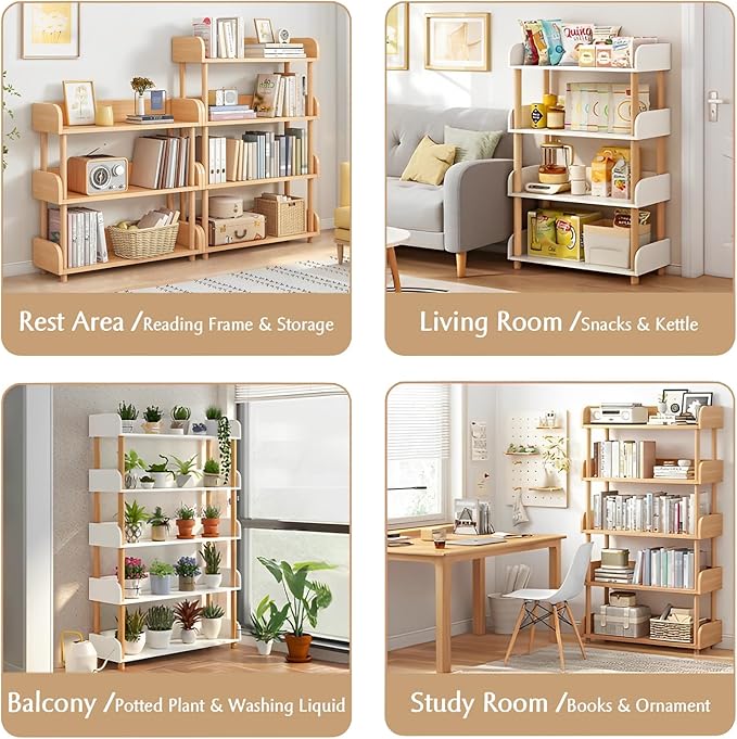 4-Tier Wooden Open Bookcase - Modern Display Bookshelf with Top Edge and Solid Wood Frame for Home and Office, Storage Cabinet, Oak - LeafyLoom