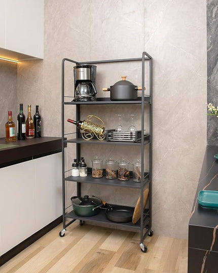 No-Assembly Folding Bookshelf Storage Rack Shelves with Castors 4 Tiers Vintage Bookcase Standing Racks Multifunctional Plant Flower Stand Study Organizer for Home Office (Metal,Deep Grey) - LeafyLoom