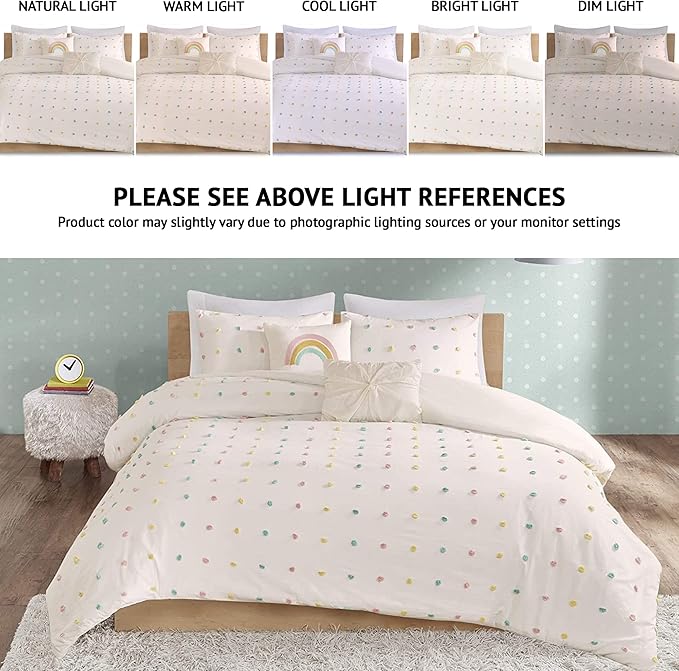 Callie Cotton Jacquard Weave Colorful Pom Pom Kids Comforter sets, Down Alternative Shabby Chic All Season Girls Bedding, Bedroom Decor, Full/Queen, Multi 5 Piece - LeafyLoom