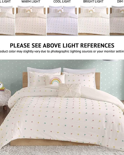 Callie Cotton Jacquard Weave Colorful Pom Pom Kids Comforter sets, Down Alternative Shabby Chic All Season Girls Bedding, Bedroom Decor, Twin/Twin XL, Multi 4 Piece - LeafyLoom