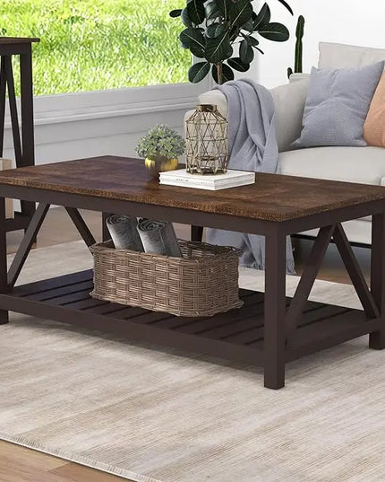 ChooChoo Farmhouse Coffee Table, Rustic Vintage Living Room Table with Shelf, 40 Espresso - LeafyLoom
