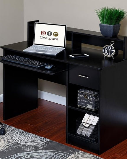 OneSpace Essential Computer Desk, Hutch with Pull-Out Keyboard, Black - LeafyLoom