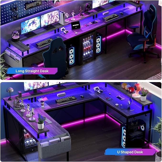U Shaped Computer Gaming Desk, Reversible L Shaped Desk with Power Outlets, LED Strip & Monitor Stand, Large Corner Desk with Storage Shelves for Home Office, Grey Oak - LeafyLoom