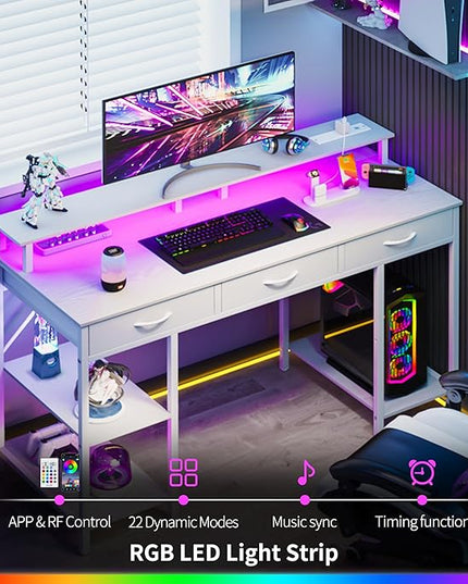 Yoobure Computer Desk with Drawers, Office Desk with LED Lights & Outlets Small Desk with Storage Shelves, Gaming Desk with Monitor Stand, 48" White Desk for Bedroom Home Office Desks for Small Space - LeafyLoom