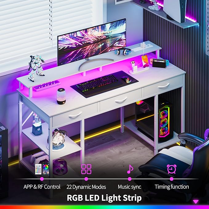 Yoobure Computer Desk with Drawers, Office Desk with LED Lights & Outlets Small Desk with Storage Shelves, Gaming Desk with Monitor Stand, 48" White Desk for Bedroom Home Office Desks for Small Space - LeafyLoom