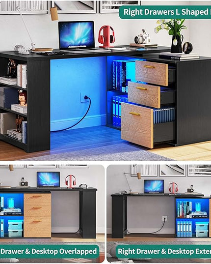 DWVO L Shaped Desk with Drawers, 59" Corner Computer Desk with Power Outlets & LED Lights, 360 Rotating Corner Desk Office Desk with Bookshelf, Wood Desk, Black - LeafyLoom