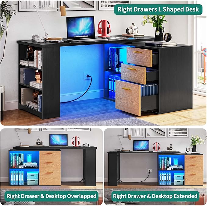 DWVO L Shaped Desk with Drawers, 59" Corner Computer Desk with Power Outlets & LED Lights, 360 Rotating Corner Desk Office Desk with Bookshelf, Wood Desk, Black - LeafyLoom