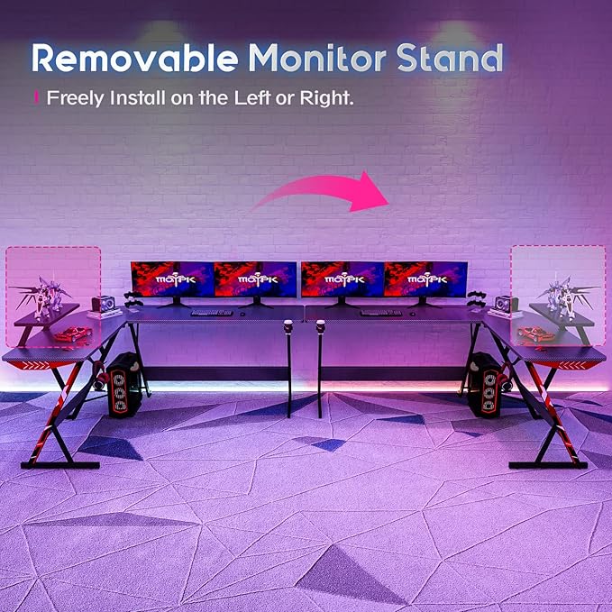 MOTPK L Shaped Gaming Desk 66 Inch, Gaming Computer Desk L Shape with Carbon Fiber Surface, Gamer Desk Gaming Table with Monitor Shelf, Cup Holder & Headphone Hook, Black - LeafyLoom