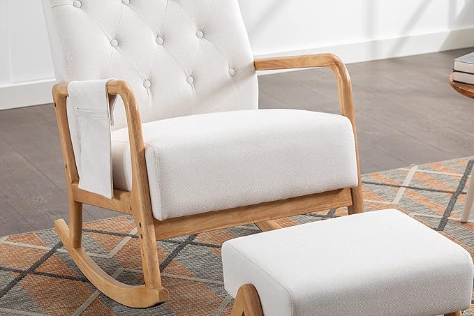 Armchair with Ottoman, Mid-Century Upholstered Accent Nursery, Glider Rocker Thick Cushion, Comfy Indoor Leisure Lounge Living Room, Bedroom, Office, Rocking Chair, Beige - LeafyLoom