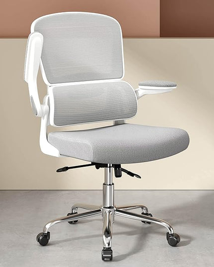 Ergonomic Office Chair, Comfortable Office Chair with Flip-up Arms, Adaptive Lumbar Support, Mesh Computer Chair with Thick Cushion, White Desk Chair with 90°-130° Tilt Function - LeafyLoom