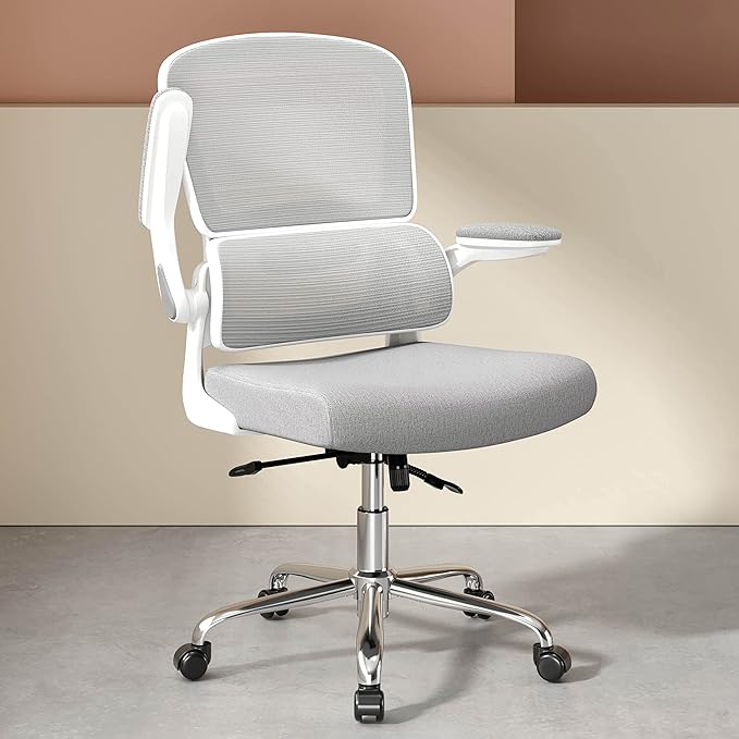 Ergonomic Office Chair, Comfortable Office Chair with Flip-up Arms, Adaptive Lumbar Support, Mesh Computer Chair with Thick Cushion, White Desk Chair with 90°-130° Tilt Function - LeafyLoom
