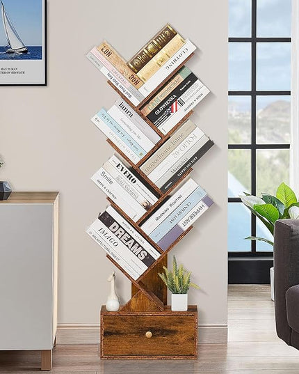 8 Tier Tree Bookshelf with Drawer, Free Standing Wood Bookcase for Narrow Space, Storage Organizer Bookshelves for Books, Book Case for Home Office, Living Room, Bedroom, Rustic Brown - LeafyLoom