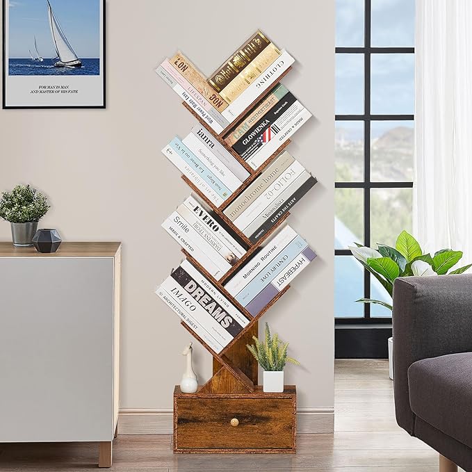 8 Tier Tree Bookshelf with Drawer, Free Standing Wood Bookcase for Narrow Space, Storage Organizer Bookshelves for Books, Book Case for Home Office, Living Room, Bedroom, Rustic Brown - LeafyLoom