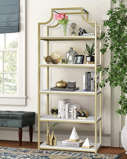 TooCust 5-Tier Gold Bookcase, 29.5" Lx70.6 H, Bookshelf for Bedroom,Gold Book Display Shelf, Arched Bookcase, Organizer Rack for Living Room, Gold Freestanding Display Shelf,White and Gold Bookshelf - LeafyLoom