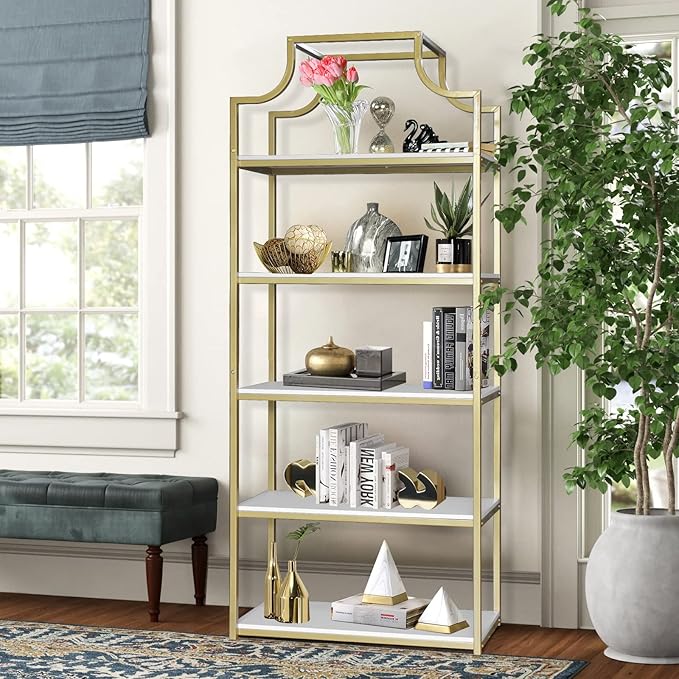 TooCust 5-Tier Gold Bookcase, 29.5" Lx70.6 H, Bookshelf for Bedroom,Gold Book Display Shelf, Arched Bookcase, Organizer Rack for Living Room, Gold Freestanding Display Shelf,White and Gold Bookshelf - LeafyLoom