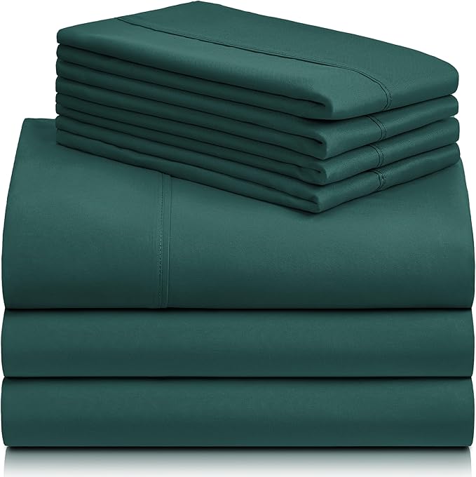 LuxClub 7 PC Split King Sheet Set, Breathable Luxury Bed Sheets, Deep Pockets 18" Eco Friendly Wrinkle Free Cooling Sheets Machine Washable Hotel Bedding Silky Soft - Emerald Split King - LeafyLoom