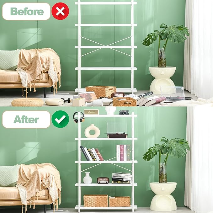 HCHQHS Bookshelf, 5-Tier Industrial Bookcase, White Open Book Shelf, Freestanding Tall Bookshelves with Metal Frame - LeafyLoom