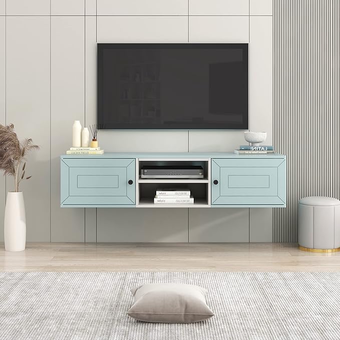 Merax Floating TV Stand for Televisions up to 65" with Large Storage and Adjustable Shelves, Modern Wall Mounted Entertainment Center for Living Room, Bedroom, Cable Management Media Console, Blue - LeafyLoom