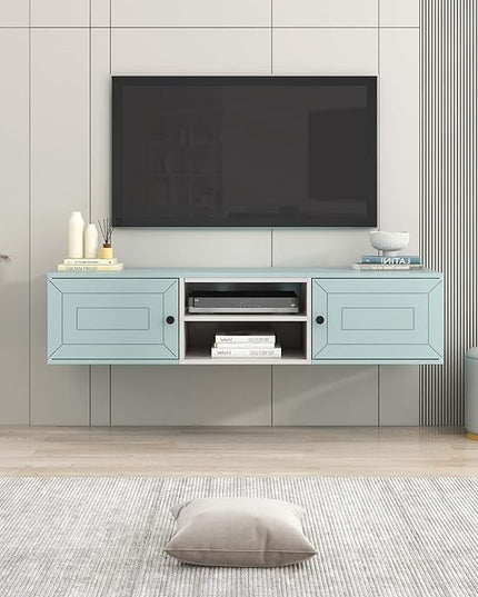 Mounted Floating TV Stand for TVs up to 65'', TV Console with 3 Levels Adjustable shelves, Magnetic Cabinet Door and Cable Management, Entertainment Center for Living Room, Light Blue - LeafyLoom