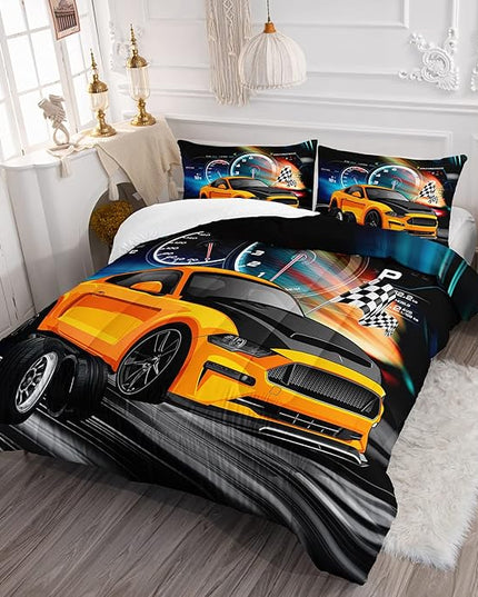 Axolotl Race Car Bedding Set Full Size,Boys Extreme Sports Comforter Set for Kids Boys Car Racing Gifts,Yellow Cool Car Comforter Car Sports Quilt Set 1 Comforter with 2 Pillowcase Car Racing Gifts - LeafyLoom