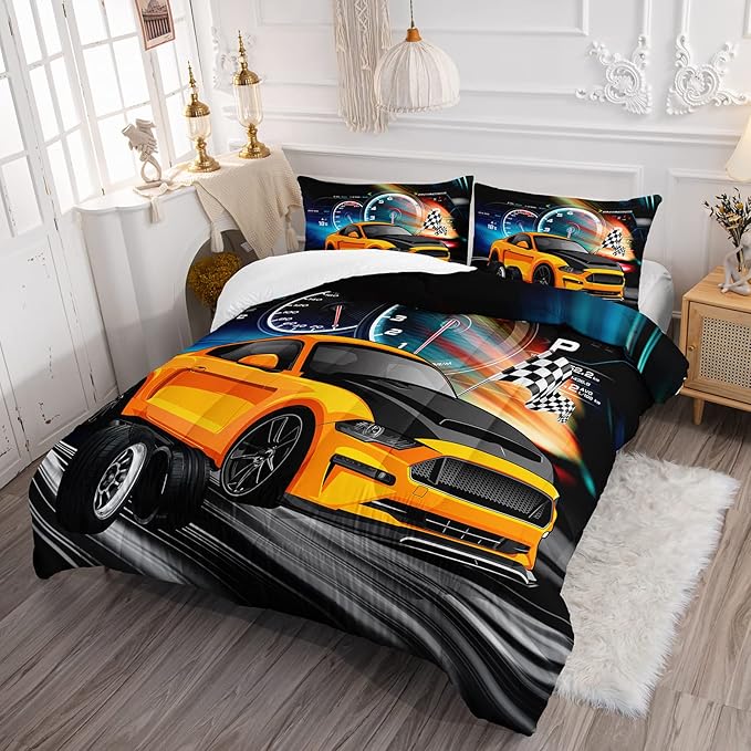 Axolotl Race Car Bedding Set Queen Size,Boys Extreme Sports Comforter Set for Kids Boys Car Racing Gifts,Yellow Cool Car Comforter Car Sports Quilt Set 1 Comforter with 2 Pillowcase Car Racing Gifts - LeafyLoom