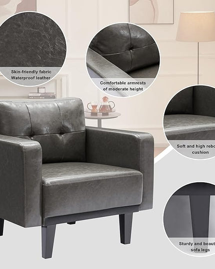 Mid-Century Modern Leather Accent Chair, Fabric Armchair for Living Room, Oversized Upholstered Single Sofa Chair for Bedroom Office Study, Comfy Accent Chairs with Wood Legs, Grey, 1 Pack - LeafyLoom
