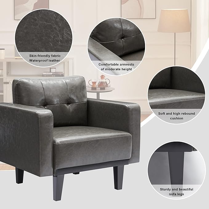 Mid-Century Modern Leather Accent Chair, Fabric Armchair for Living Room, Oversized Upholstered Single Sofa Chair for Bedroom Office Study, Comfy Accent Chairs with Wood Legs, Grey, 1 Pack - LeafyLoom