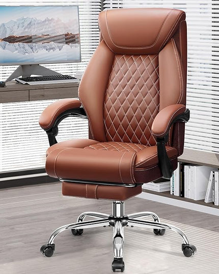 Office Chair, Executive Leather Chair Adjustable High Back, Ergonomic Computer Desk Chair Lumbar Support, Big and Tall Office Chair with Footrest, Comfy Reclining Chair for Home Office - LeafyLoom