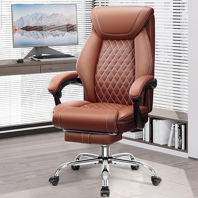 Office Chair, Executive Leather Chair Adjustable High Back, Ergonomic Computer Desk Chair Lumbar Support, Big and Tall Office Chair with Footrest, Comfy Reclining Chair for Home Office - LeafyLoom